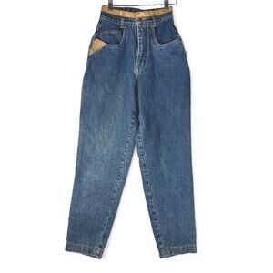 Bonjour Vintage Leather Trim High Waisted Mom Jeans W 11.5" x In 27"